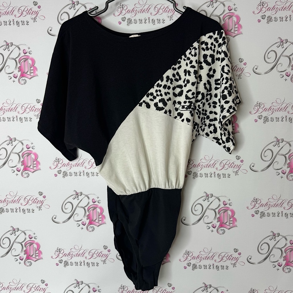 Bodythings bodysuit retro workout tshirt style black White Leopard Print Top